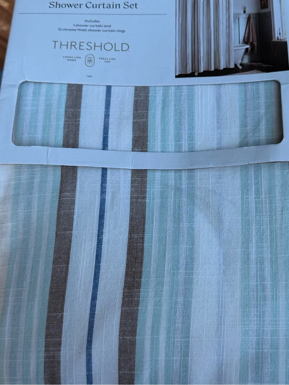THRESHOLD NWT Textured coastal Stripe Shower Curtain -green NO RINGS